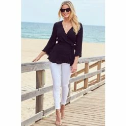 Sosandar Black Ruffle Hem Fluted Cuff Top -Sosandar unnamed file 1413