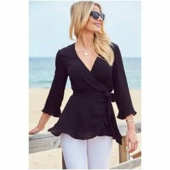 Sosandar Black Ruffle Hem Fluted Cuff Top -Sosandar unnamed file 1414