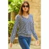 Sosandar Blue Print Shirred Waist V Neck Long Sleeve Top