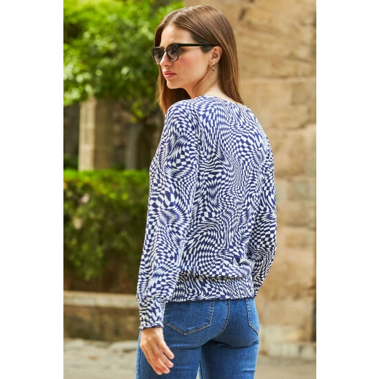 unnamed-file-1423.jpg Sosandar Blue Print Shirred Waist V Neck Long Sleeve Top -Sosandar unnamed file 1423