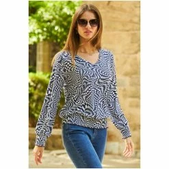 Sosandar Blue Print Shirred Waist V Neck Long Sleeve Top 5 Sosandar Blue Print Shirred Waist V Neck Long Sleeve Top -Sosandar unnamed file 1426