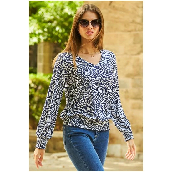 unnamed-file-1426.jpg Sosandar Blue Print Shirred Waist V Neck Long Sleeve Top -Sosandar unnamed file 1426