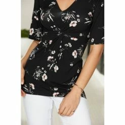 Sosandar Black Floral Print Angel Sleeve Twist Front Top -Sosandar unnamed file 1439