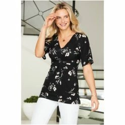 Sosandar Black Floral Print Angel Sleeve Twist Front Top -Sosandar unnamed file 1441