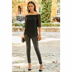 Sosandar Black Lace Bardot Top