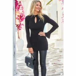 Sosandar Black Keyhole Jersey Top With Bell Sleeves