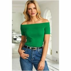 Sosandar Green Knitted Bardot Top With Gold Stud Detail -Sosandar unnamed file 1470