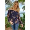 Sosandar Navy Floral Print Floral Sheer Sleeve Bardot Top