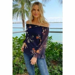 Sosandar Navy Floral Print Floral Sheer Sleeve Bardot Top -Sosandar unnamed file 1473