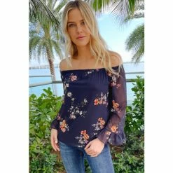 Sosandar Navy Floral Print Floral Sheer Sleeve Bardot Top -Sosandar unnamed file 1474