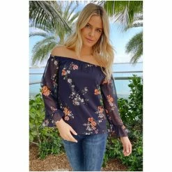 Sosandar Navy Floral Print Floral Sheer Sleeve Bardot Top -Sosandar unnamed file 1475