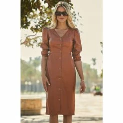 Sosandar Brown Faux Leather Popper Front Pencil Dress With Pockets -Sosandar unnamed file 148