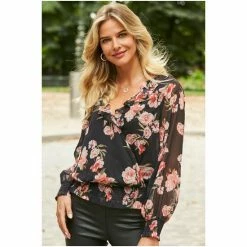 Sosandar Black Floral Frill Detail Shirred Hem Blouse 4 Sosandar Black Floral Frill Detail Shirred Hem Blouse -Sosandar unnamed file 1485