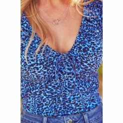 Sosandar Blue Leopard Print Ruched Neck Top -Sosandar unnamed file 1494