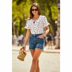 Sosandar White Spot Print Tie Neck Ruffle Sleeve Top -Sosandar unnamed file 1501