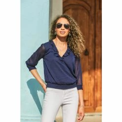 Sosandar Blue Dobby Print Frill Detail Shirred Hem Blouse