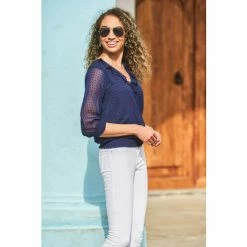 Sosandar Blue Dobby Print Frill Detail Shirred Hem Blouse -Sosandar unnamed file 1505