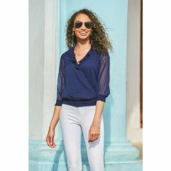 Sosandar Blue Dobby Print Frill Detail Shirred Hem Blouse -Sosandar unnamed file 1507