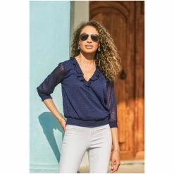 Sosandar Blue Dobby Print Frill Detail Shirred Hem Blouse -Sosandar unnamed file 1508