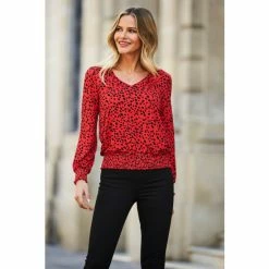 Sosandar Red Shirred Waist V Neck Long Sleeve Top
