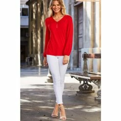 Sosandar Red Zip Front Long Sleeve Jersey Top -Sosandar unnamed file 1517