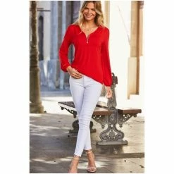 Sosandar Red Zip Front Long Sleeve Jersey Top -Sosandar unnamed file 1518