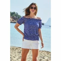 Sosandar Blue Ditsy Floral Shirred Waist Bardot Top -Sosandar unnamed file 1521