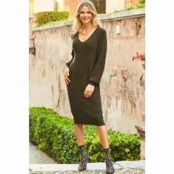 Sosandar Green Blouson Sleeve Relaxed Fit Jumper Dress -Sosandar unnamed file 153