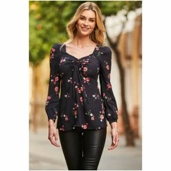 Sosandar Black Floral Print Sweetheart Neckline Top -Sosandar unnamed file 1543