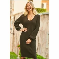 Sosandar Green Blouson Sleeve Relaxed Fit Jumper Dress -Sosandar unnamed file 155