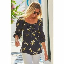 Sosandar Black Floral Print Sweetheart Neck Top