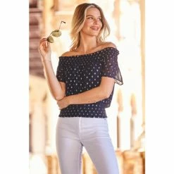 Sosandar Blue Metallic Spot Print Bardot Top -Sosandar unnamed file 1558