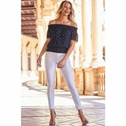 Sosandar Blue Metallic Spot Print Bardot Top -Sosandar unnamed file 1560