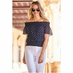 Sosandar Blue Metallic Spot Print Bardot Top -Sosandar unnamed file 1561