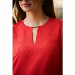 Sosandar Red Dobby Blouse With Gold Tab Detail -Sosandar unnamed file 1564