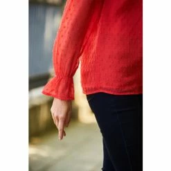 Sosandar Red Dobby Blouse With Gold Tab Detail -Sosandar unnamed file 1565