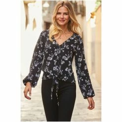 Sosandar Black Floral Print Button Front Tie Waist Top -Sosandar unnamed file 1580