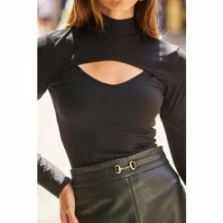 Sosandar Black High Neck Cut Out Long Sleeve Top -Sosandar unnamed file 1585