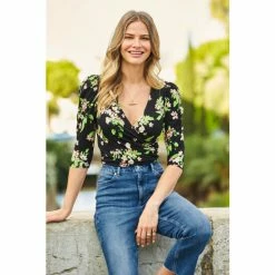 Sosandar Black Print Mock Wrap Top