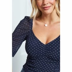 Sosandar Blue Spot Print Sweetheart Neckline Mesh Top -Sosandar unnamed file 1601