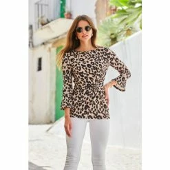Sosandar Brown Leopard Print Twist Front Fluted Sleeve Top