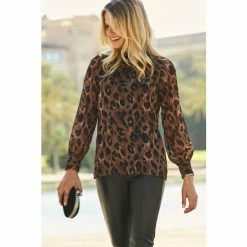 Sosandar Brown Animal High Neck Print Blouse -Sosandar unnamed file 1626