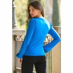 Sosandar Blue Ruched Front V Neck Top -Sosandar unnamed file 1631