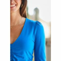 Sosandar Blue Ruched Front V Neck Top -Sosandar unnamed file 1632