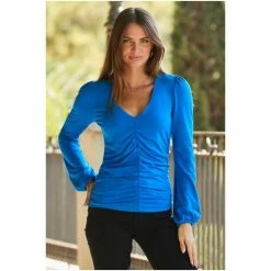 Sosandar Blue Ruched Front V Neck Top -Sosandar unnamed file 1634