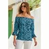 Sosandar Blue Leopard Print Animal Bardot Flute Sleeve Top