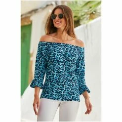 Sosandar Blue Leopard Print Animal Bardot Flute Sleeve Top -Sosandar unnamed file 1638
