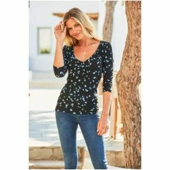 Sosandar Black Ditsy Floral Ruched Neck Top -Sosandar unnamed file 1644