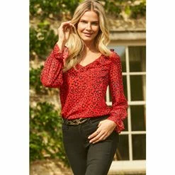 Sosandar Red Leopard Print Ruffle Detail Blouse