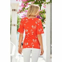 Sosandar Red Floral Print Angel Sleeve Twist Front Top -Sosandar unnamed file 1673